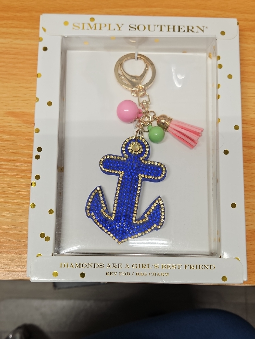 Simply Southern Royal Blue Rhinestone Anchor Keychain with Pink Tassel